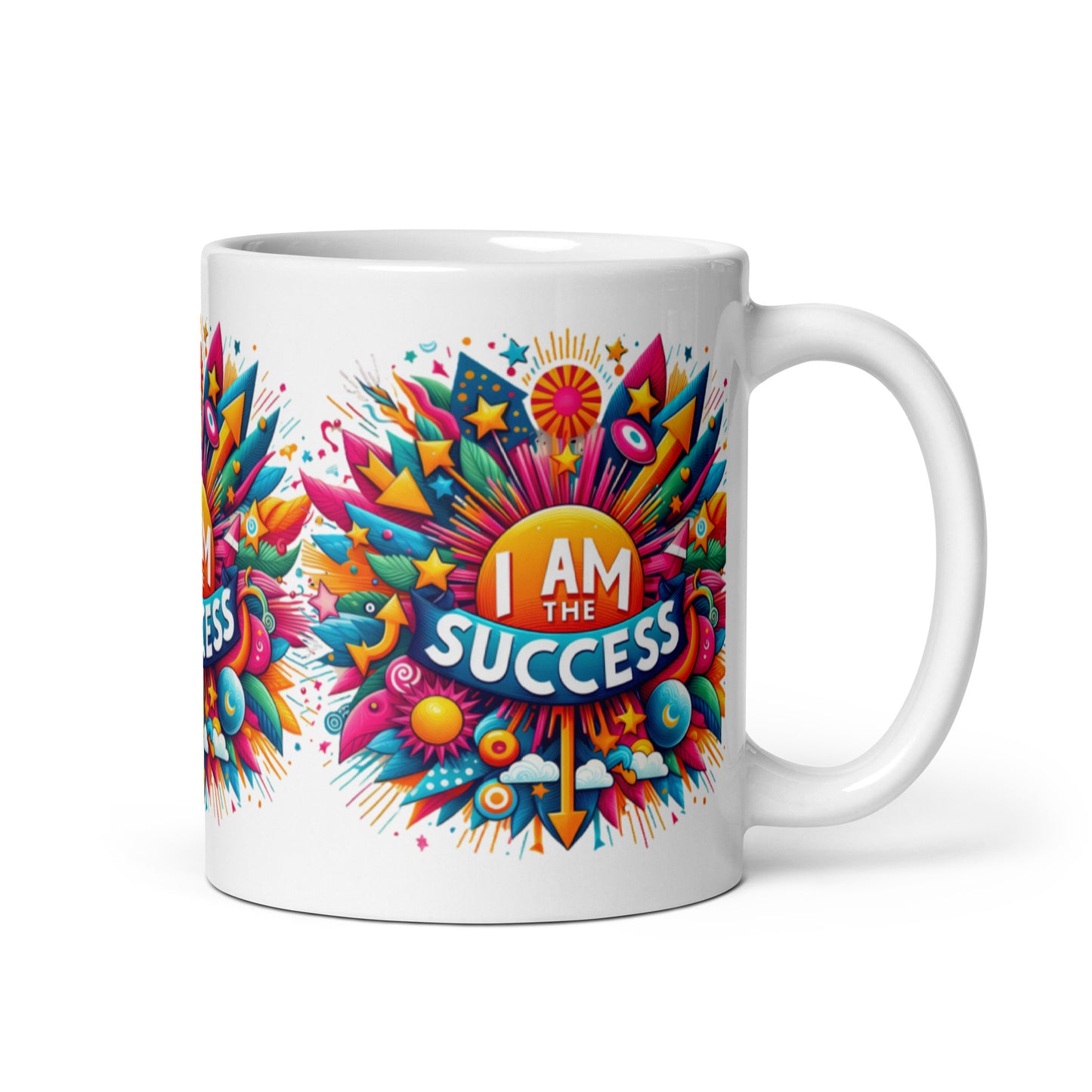 White glossy mug with "I Am The Success" affirmation, featuring motivational text on a ceramic drinkware piece by I Love Me Vibe.