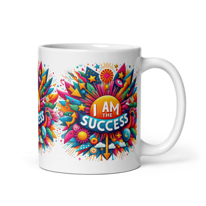 White glossy mug with "I Am The Success" affirmation, featuring motivational text on a ceramic drinkware piece by I Love Me Vibe.