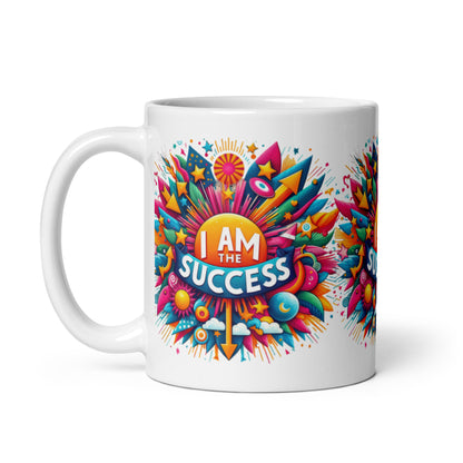 White glossy mug with "I Am The Success" affirmation text, featuring motivational design from I Love Me Vibe.