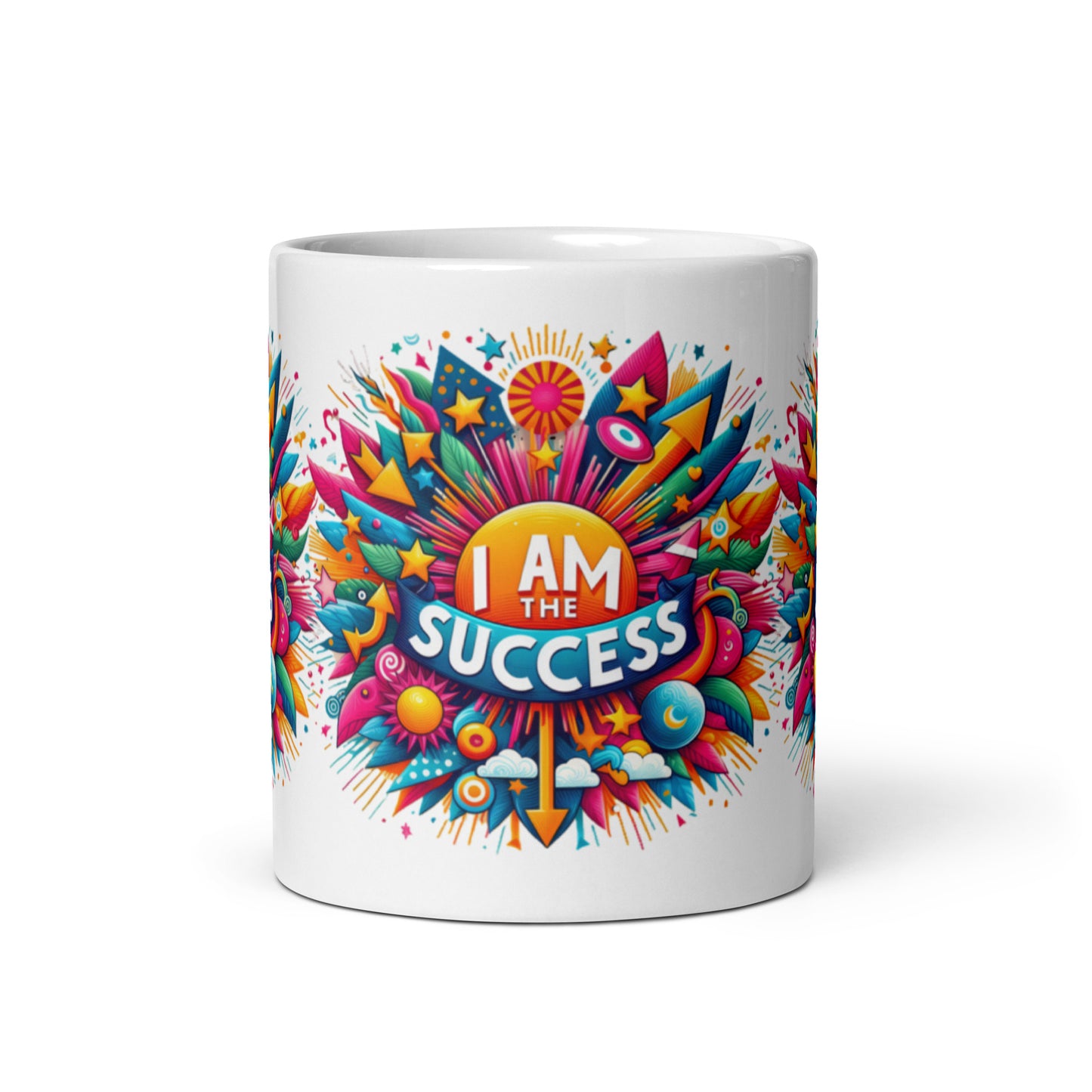 White glossy mug with "I Am The Success" affirmation, featuring motivational text and the I Love Me Vibe brand logo.