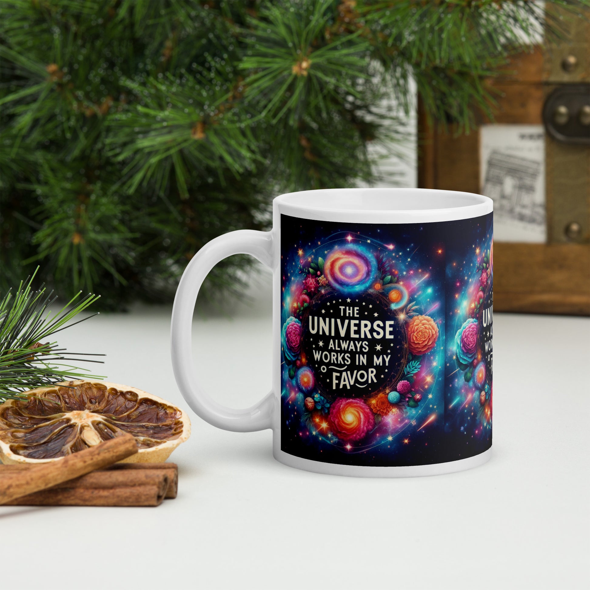 White glossy mug with affirmation "The Universe Always Works in My Favour" by I Love Me Vibe, perfect for alignment and manifestation.