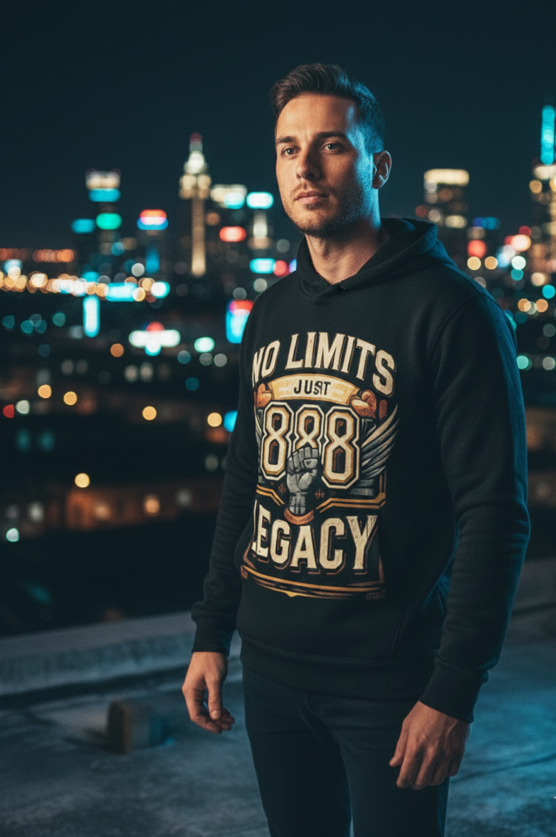 Men's No Limits Just Legacy 888 hoodie by I Love Me Vibe featuring angelic number affirmation and stylish design.