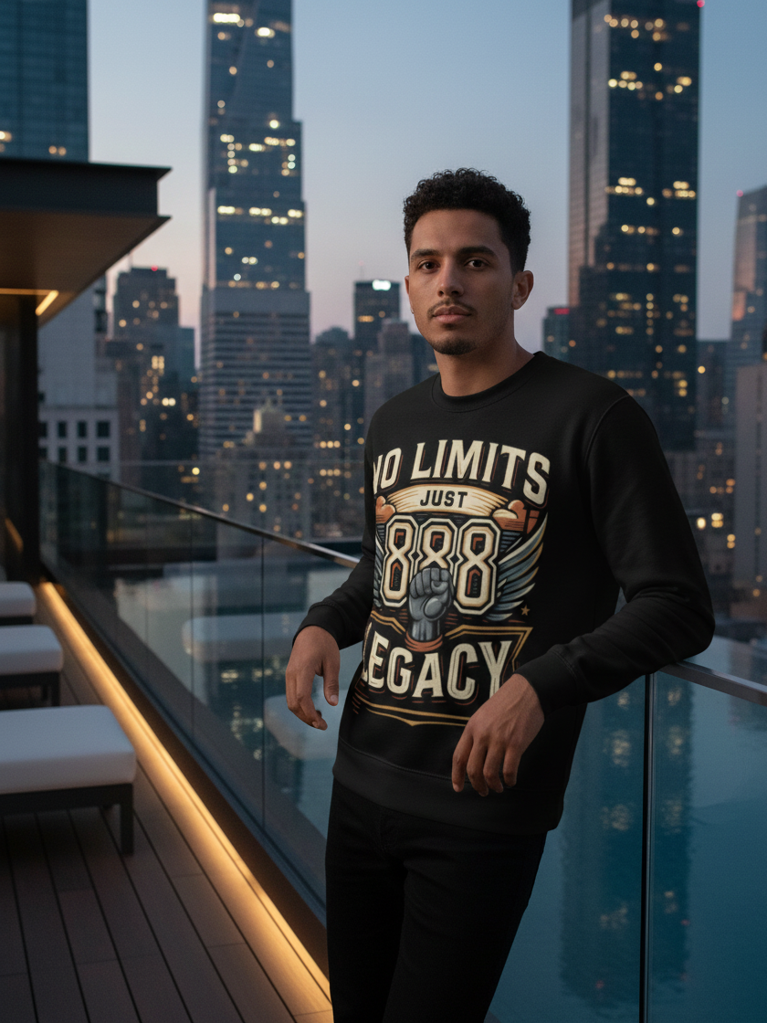 Men's I Love Me Vibe sweatshirt featuring "No Limits Just Legacy 888" design, promoting abundance and success.