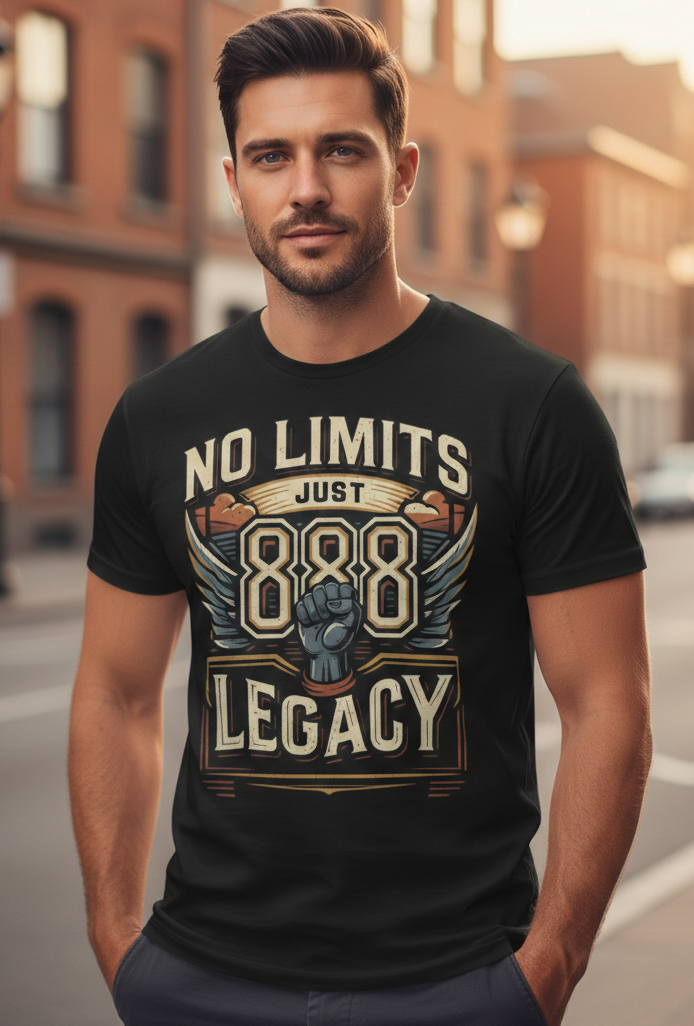 All-over print men's T-shirt from I Love Me Vibe with "No Limits Just Legacy 888" motivational design