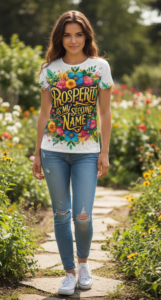 Women's I Love Me Vibe T-shirt with "Prosperity Is My Second Name" motivational slogan, casual fit, soft fabric.