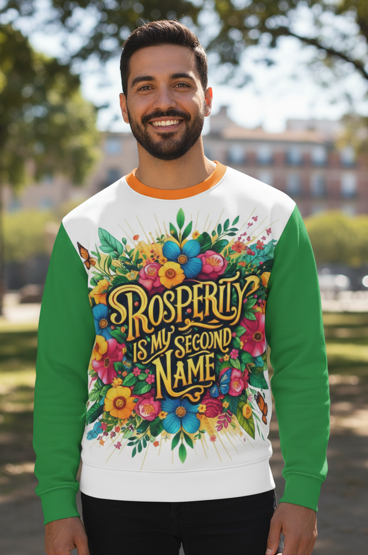 Men's Prosperity Is My Second Name sweatshirt by I Love Me Vibe featuring a comfortable fit and inspiring wealth and abundance design.