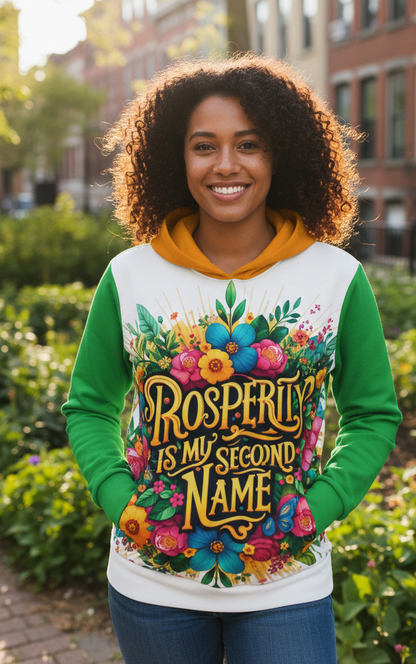 Women’s hoodie by I Love Me Vibe featuring "Prosperity Is My Second Name" design, soft fabric and comfortable fit.