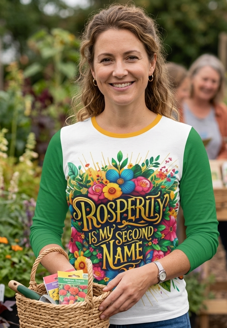 Women's long sleeve T-shirt by I Love Me Vibe with "Prosperity Is My Second Name" slogan, emphasizing wealth and positivity.