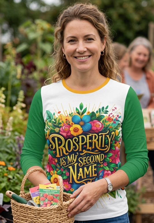 Women's long sleeve T-shirt by I Love Me Vibe with "Prosperity Is My Second Name" slogan, emphasizing wealth and positivity.
