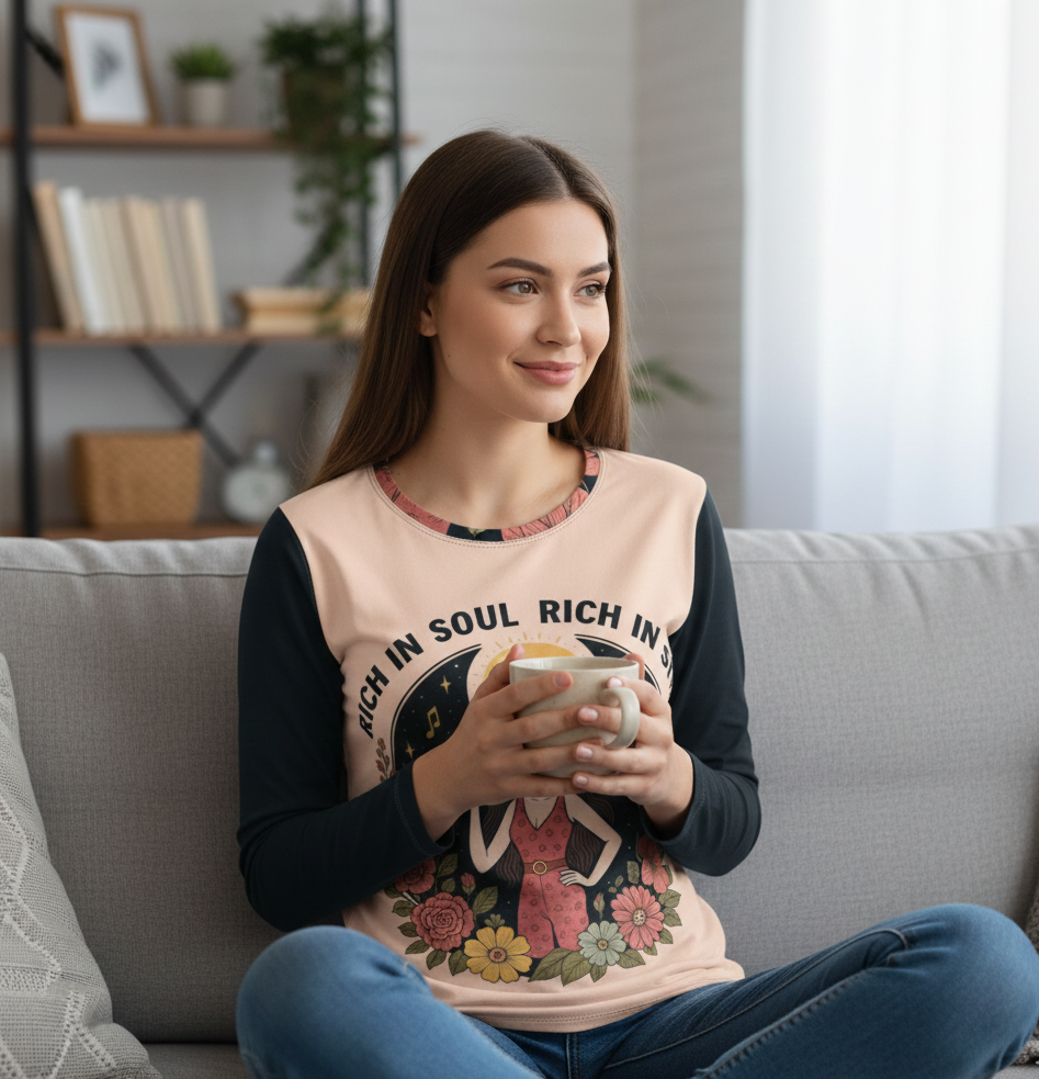 Black long sleeve women's shirt by I Love Me Vibe featuring "Rich in Soul, Rich in Style 333" affirmation design.
