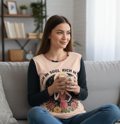 Black long sleeve women's shirt by I Love Me Vibe featuring "Rich in Soul, Rich in Style 333" affirmation design.