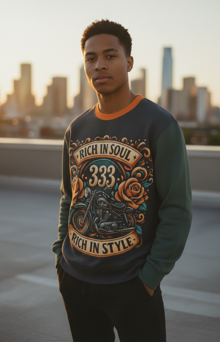 Men's sweatshirt by I Love Me Vibe featuring "Rich in Soul, Rich in Style 333" design for empowering style and comfort.