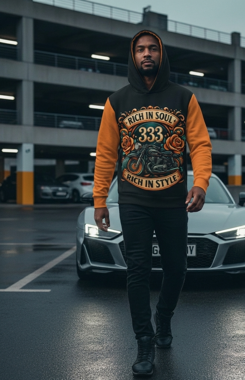 I Love Me Vibe men's hoodie featuring "Rich in Soul, Rich in Style" design with angel number 333, casual streetwear fashion.