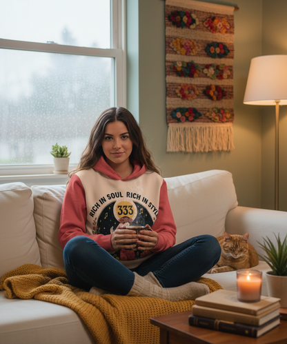 I Love Me Vibe hoodie with "Rich in Soul, Rich in Style 333" text, worn by a woman, featuring a stylish design and comfortable fit.