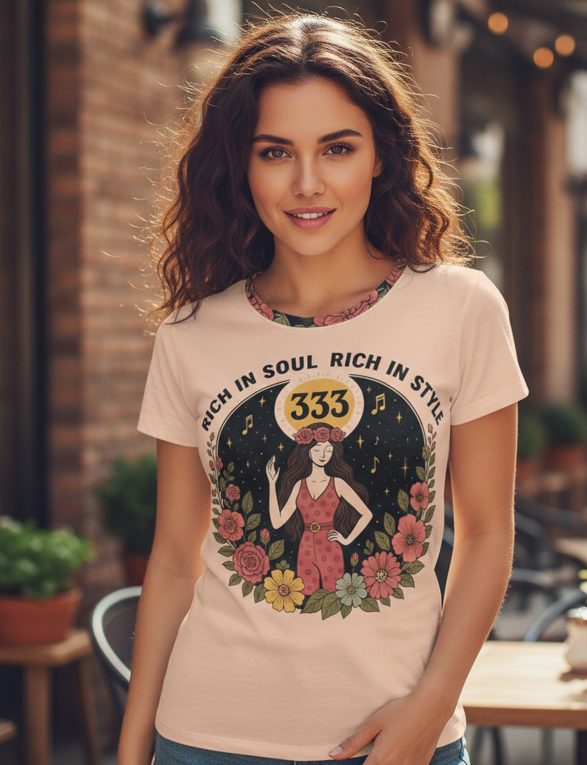 Women's I Love Me Vibe T-shirt featuring "Rich in Soul, Rich in Style 333" angelic number affirmation design.