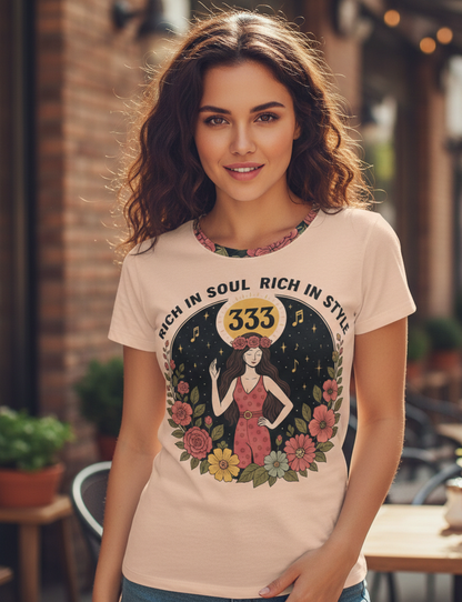 Women's I Love Me Vibe T-shirt featuring "Rich in Soul, Rich in Style 333" angelic number affirmation design.