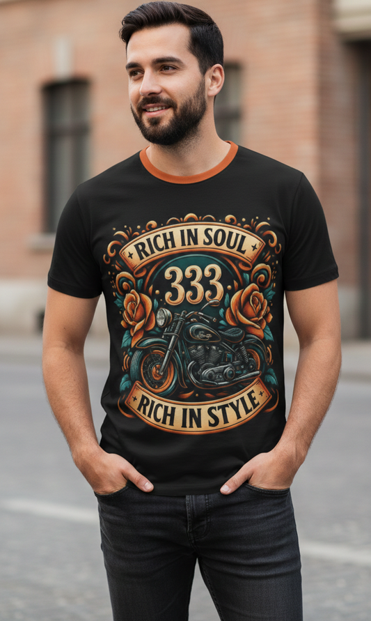 All-over print men's T-shirt by I Love Me Vibe featuring angelic number affirmation "Rich in Soul, Rich in Style 333" in vibrant design.