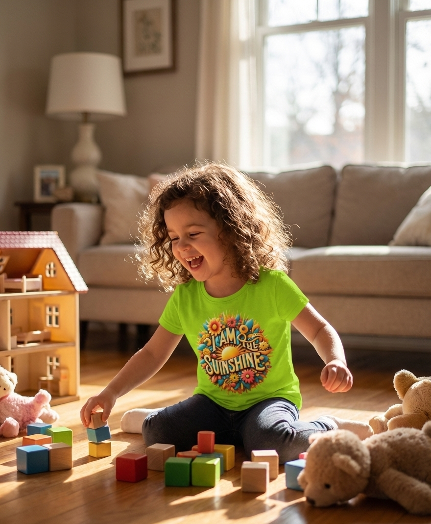Girls' green T-shirt by I Love Me Vibe featuring a sunshine design, positive message, and simple comfortable fit for kids.