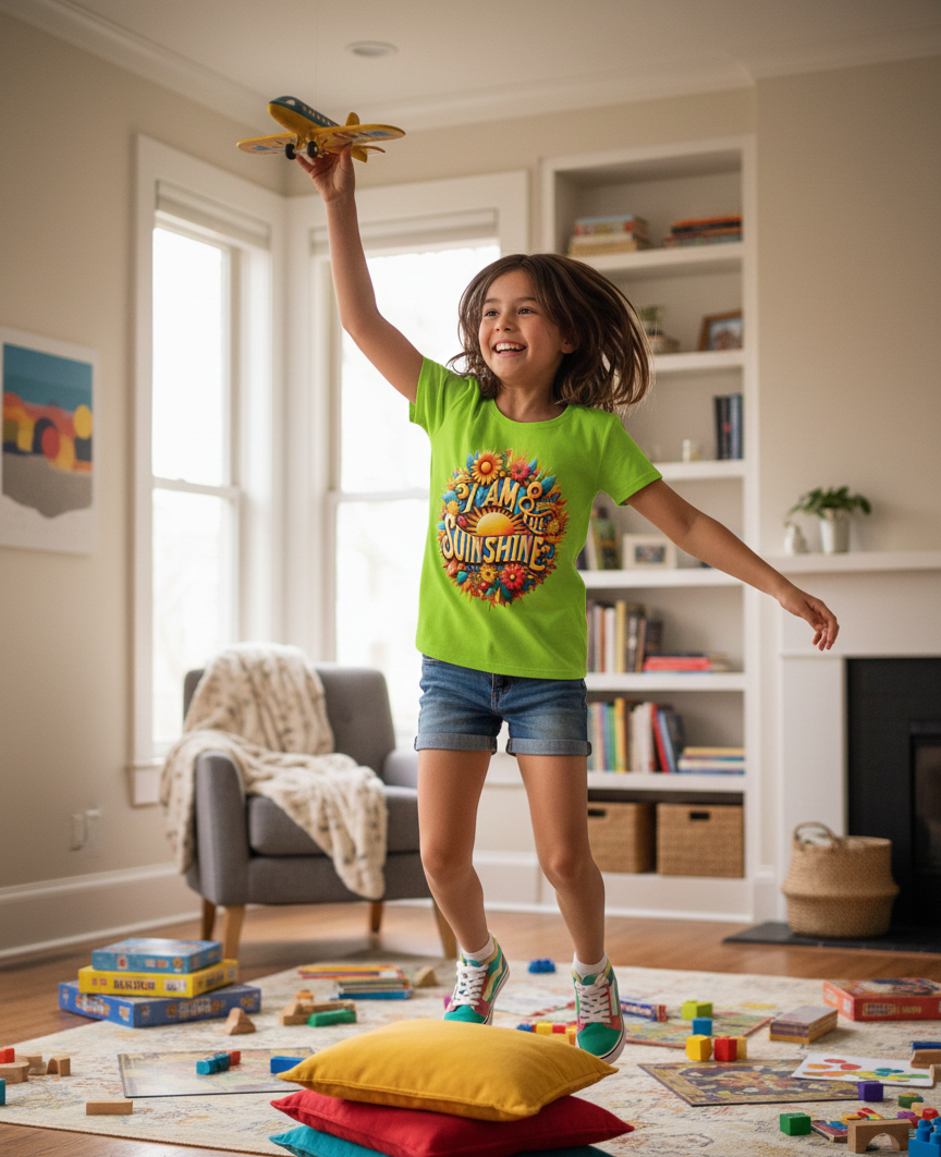 Green girls' T-shirt by I Love Me Vibe with sunshine and positive message, perfect for kids' casual wear.