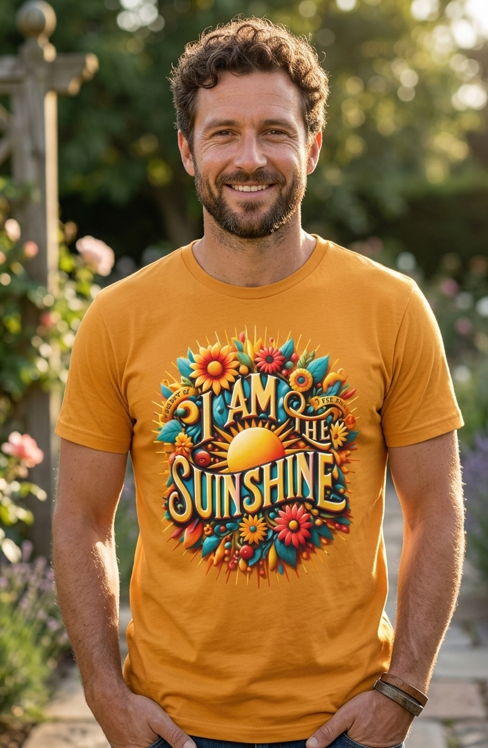 Men's I Love Me Vibe Sunshine T-Shirt with all-over print, featuring a motivational design and vibrant yellow sun graphic.