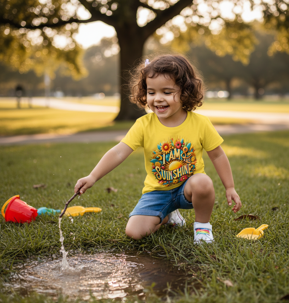 Girls' yellow T-shirt by I Love Me Vibe featuring a sunshine design, positive message, and simple, comfortable fit.