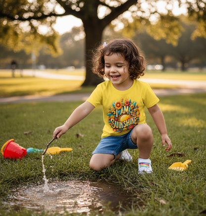 Girls' yellow T-shirt by I Love Me Vibe featuring a sunshine design, positive message, and simple, comfortable fit.