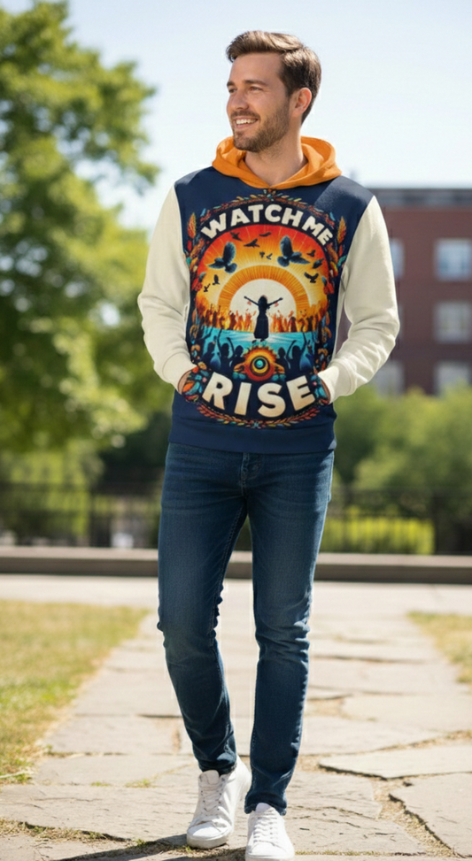 Men's hoodie from I Love Me Vibe with "Watch Me Rise" empowerment design, soft fabric, and casual fit.