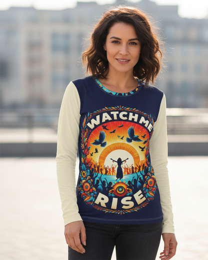 I Love Me Vibe women's long sleeve shirt with "Watch Me Rise" empowering message, soft fabric, and casual fit.