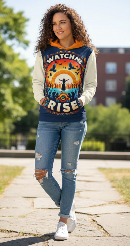 Women's hoodie by I Love Me Vibe featuring empowering "Watch Me Rise" design, perfect for personal growth and confidence.