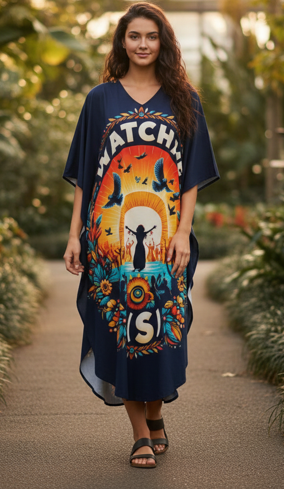 Bright colorful Watch Me Rise kaftan by I Love Me Vibe featuring motivational text, perfect for comfortable women’s loungewear.
