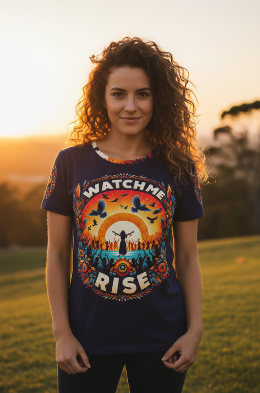 Women’s motivational T-shirt from I Love Me Vibe featuring “Watch Me Rise” slogan, casual fit, and positive affirmation design.