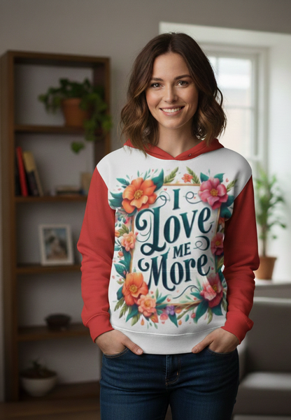Women's I Love Me More hoodie by I Love Me Vibe featuring a comfortable fit and empowering self-love message.
