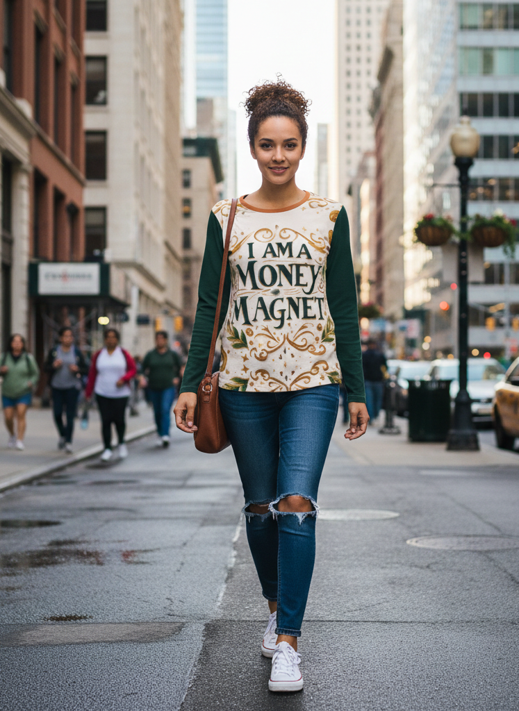 Women's long sleeve T-shirt by I Love Me Vibe with "I Am a Money Magnet" affirmation, featuring a stylish and comfortable design.