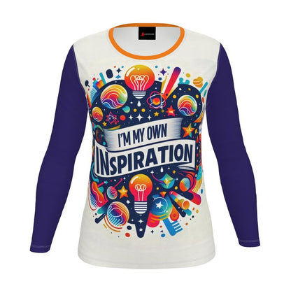 Women’s long sleeve shirt by I Love Me Vibe featuring empowering "I’m My Own Inspiration" message on recycled poly fabric.