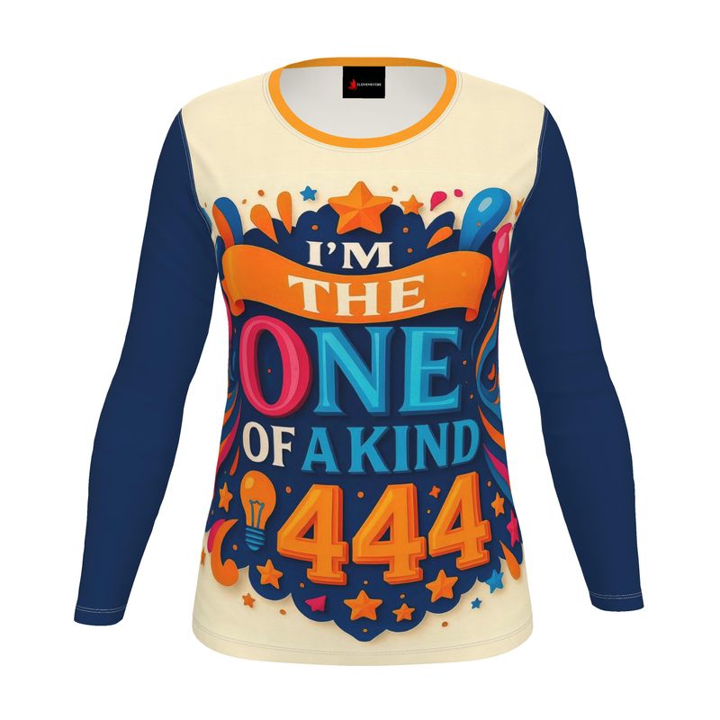 I Love Me Vibe Women's Long Sleeve Shirt, “I'm One of a Kind 444,” in recycled poly jersey, regular fit, lifestyle shot.