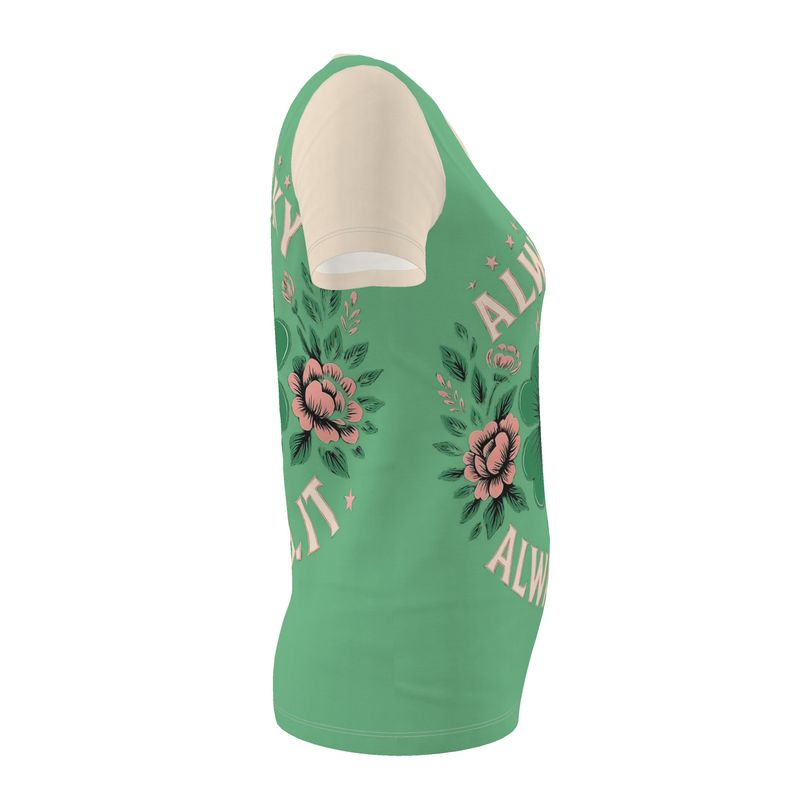 Women’s motivational T-shirt by I Love Me Vibe with “Always Lucky Always Lit” slogan, recycled poly jersey, regular fit.