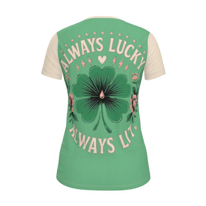 Women’s I Love Me Vibe T-shirt with “Always Lucky Always Lit” motivational slogan, regular fit, recycled poly jersey fabric.