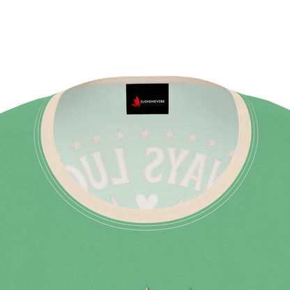 Women’s motivational T-shirt by I Love Me Vibe featuring the phrase "Always Lucky Always Lit" in recycled poly jersey fabric.