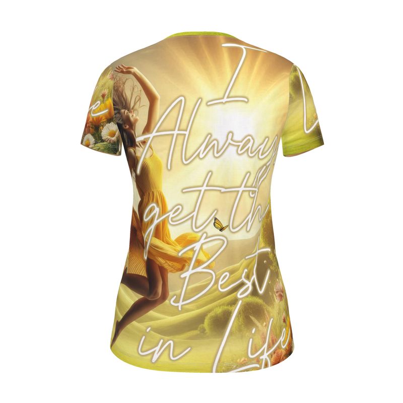 Women’s I Love Me Vibe T-shirt with motivational “I Always Get the Best in Life” slogan, made from recycled polyester jersey.