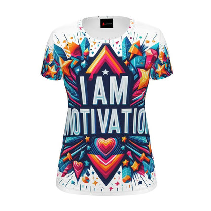 I Love Me Vibe women's motivational T-shirt with "I Am Motivation" print, made from recycled polyester jersey, regular fit.