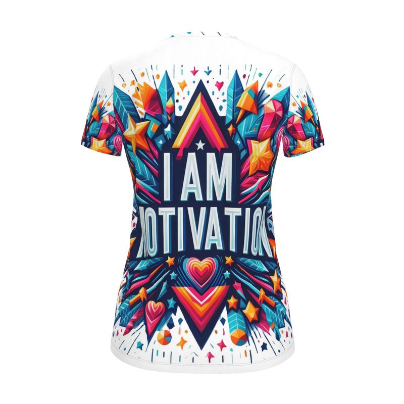 Women’s I Am Motivation T-Shirt by I Love Me Vibe featuring inspirational text, recycled poly jersey fabric, and a regular fit.