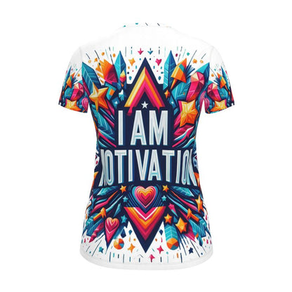 Women’s I Am Motivation T-Shirt by I Love Me Vibe featuring inspirational text, recycled poly jersey fabric, and a regular fit.