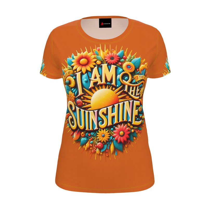 Women’s orange T-shirt from I Love Me Vibe with “I Am the Sunshine” motivational slogan, casual fit, recycled poly jersey fabric.