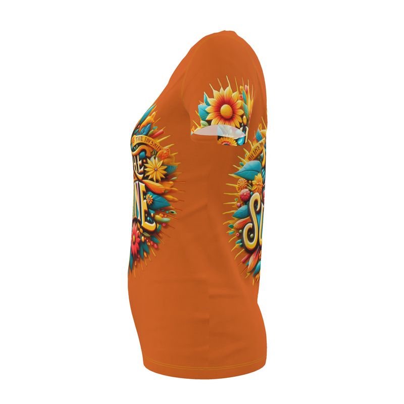 Women’s orange I Am the Sunshine T-Shirt by I Love Me Vibe, casual fit, motivational message, recycled poly jersey fabric.