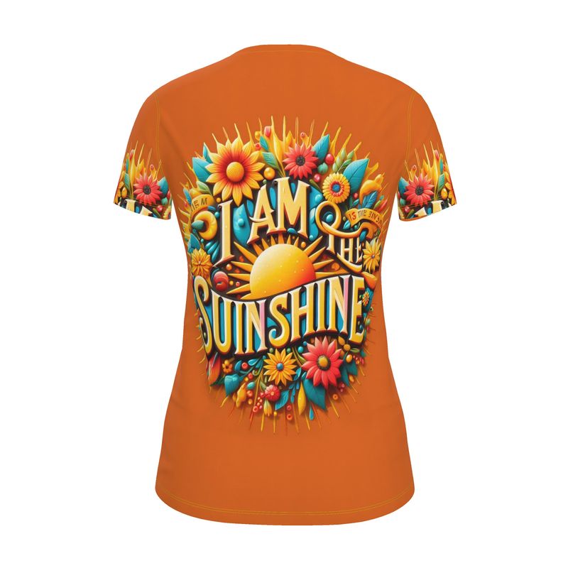 Orange women's T-shirt by I Love Me Vibe with "I Am the Sunshine" motivational slogan, casual fit, recycled poly jersey fabric.
