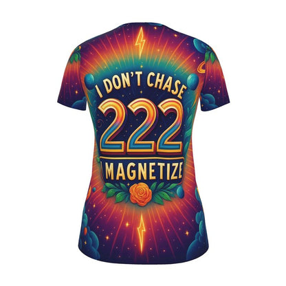 Women's I Love Me Vibe T-Shirt with "I Don’t Chase, I Magnetize 222" affirmation, regular fit, recycled poly jersey, lifestyle shot.