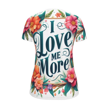Women’s I Love Me More T-Shirt by I Love Me Vibe, motivational self-love tee in recycled poly jersey, regular fit, lifestyle shot.