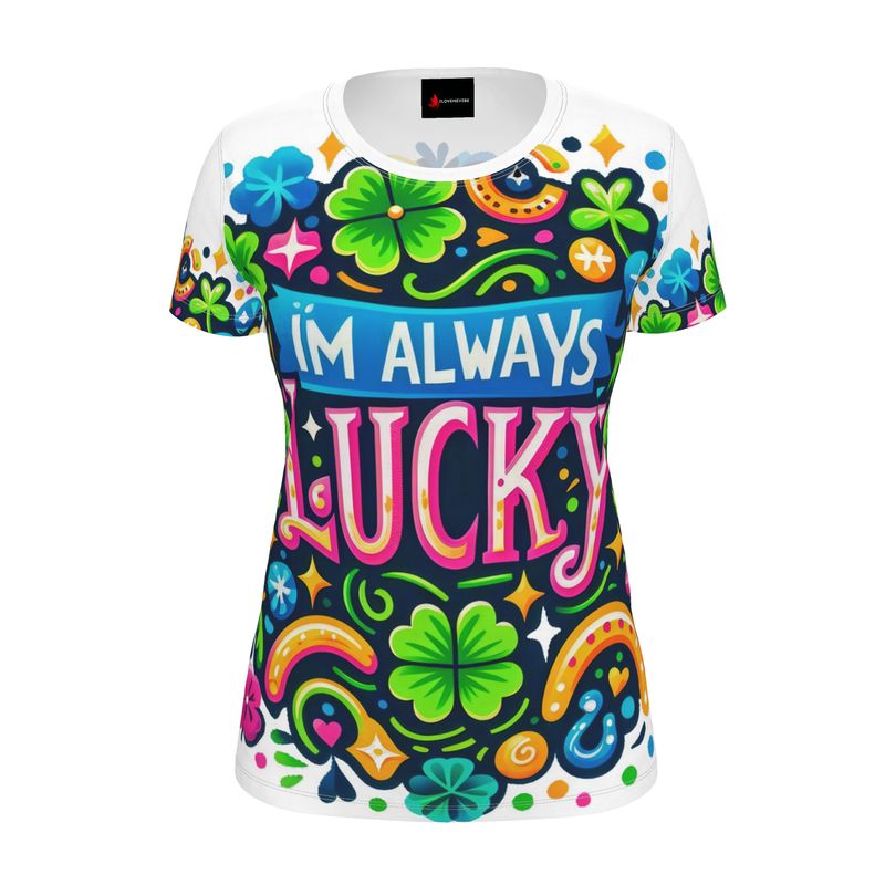 Women's I Love Me Vibe T-shirt featuring "I'm Always Lucky" motivational slogan, made of recycled poly jersey, regular fit.