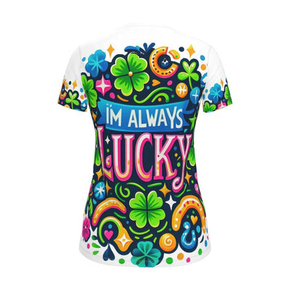 Women’s I Love Me Vibe “I’m Always Lucky” motivational T-shirt in recycled poly jersey, regular fit, lifestyle setting.