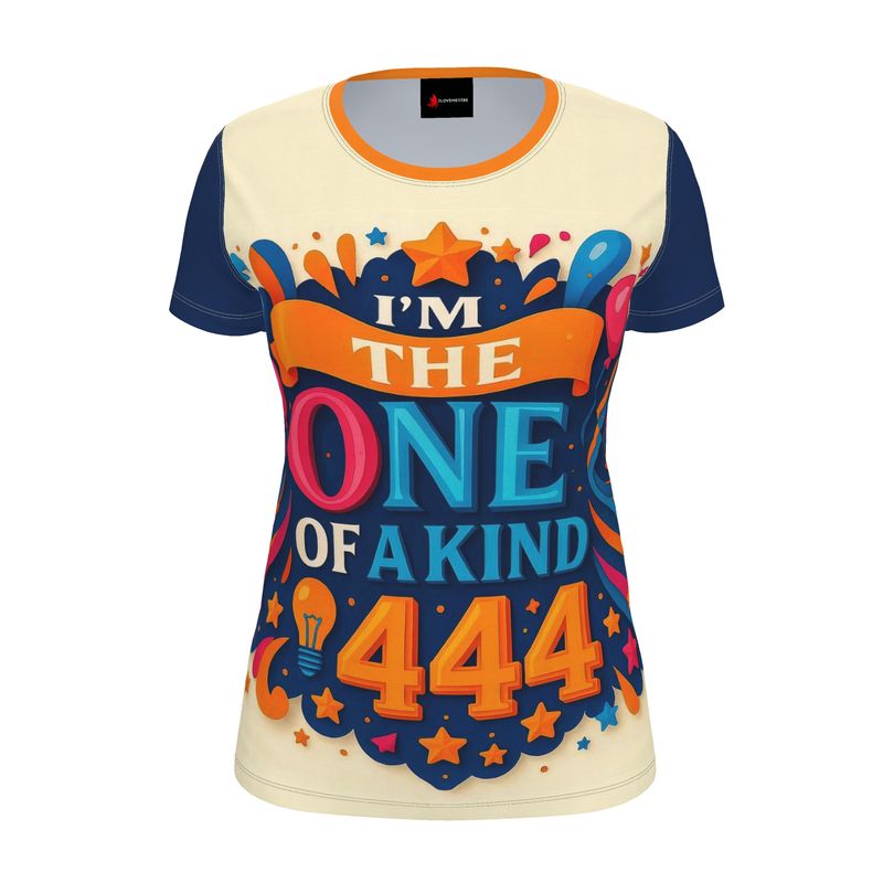 I Love Me Vibe women's T-shirt featuring "I'm One of a Kind" empowering message, made from recycled poly jersey fabric.